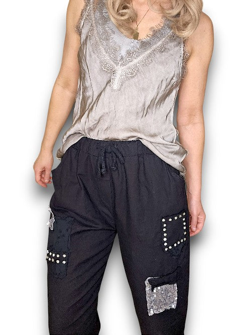 Diamond Linen/Cotton Pants Black