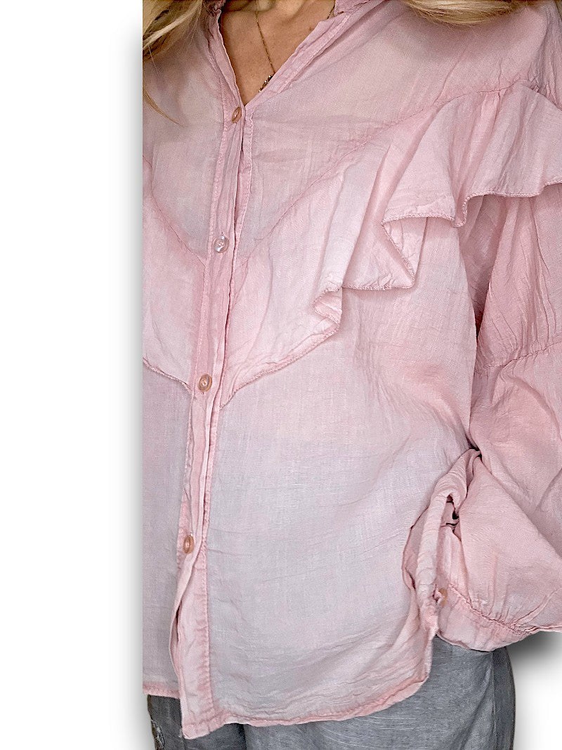 Woman wearing a pink blouse and gray pants on a white background
Frill Tunic Baby Pink