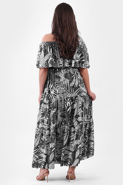 Woman wearing a black and white floral off-shoulder dress on a white background
Bardot Tropical Maxi Dress Black