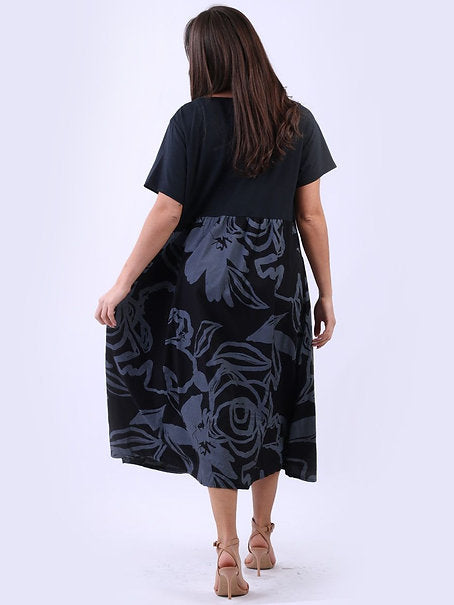 Floral Panel Cotton Dress Black