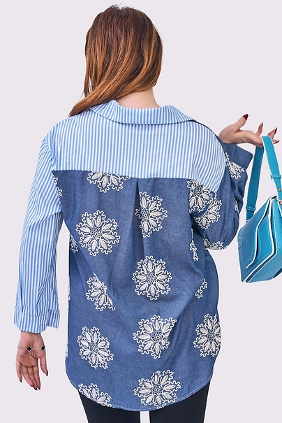 Floral Stripe High Low Shirt Blue