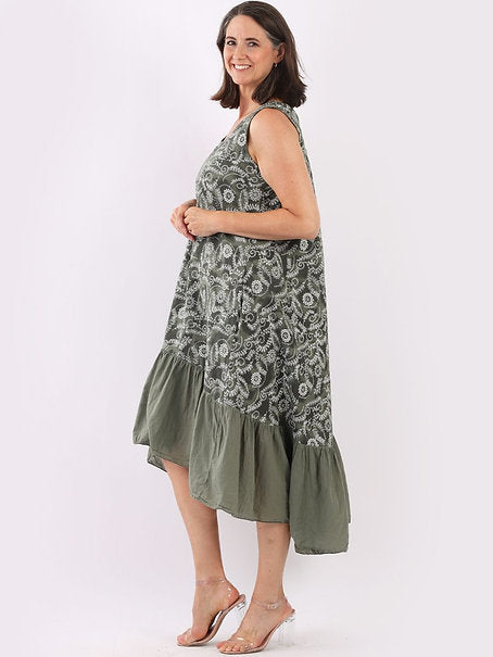 Italian Floral Linen Dress Khaki