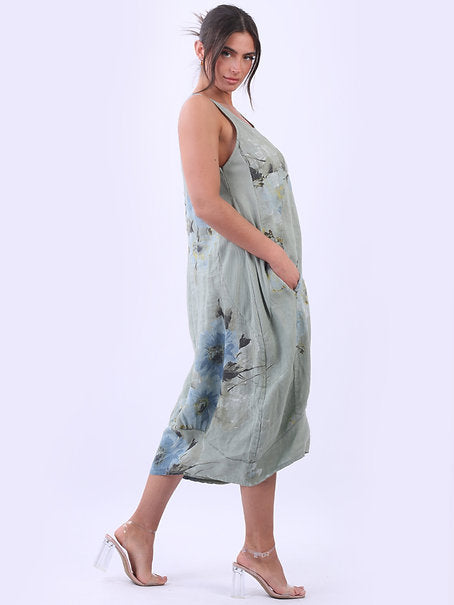 Italian Ribbed Floral Dress Khaki