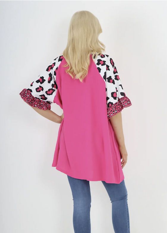 Leopard Sleeve Swing Top Fuchsia