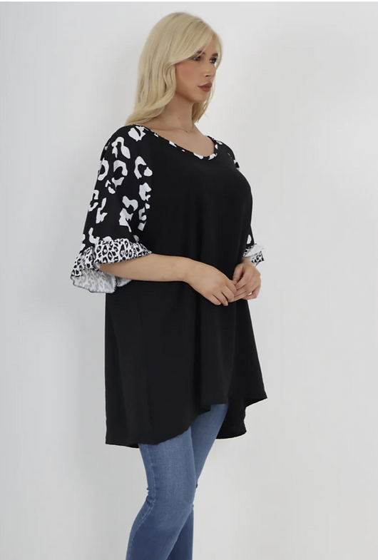 Leopard Sleeve swing Top Black