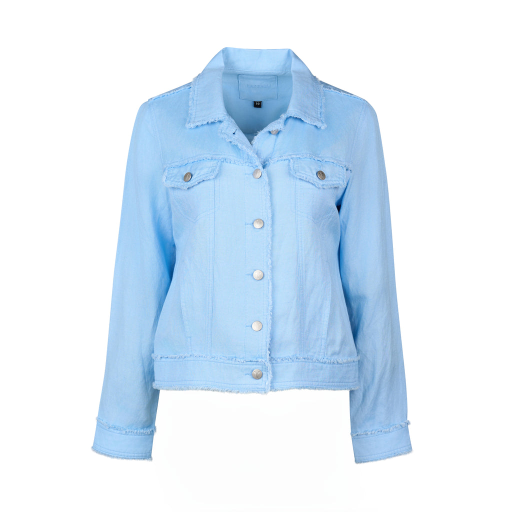 Woman wearing a light blue denim jacket over a floral dress on a white background
Frayed Linen Jacket Sky Blue