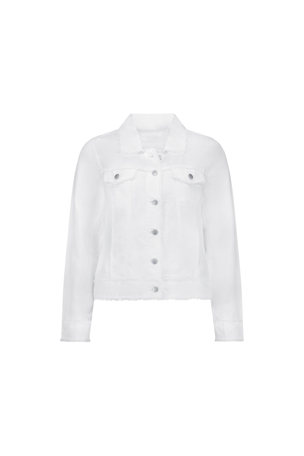 Woman wearing a white blouse and floral skirt on a white background
Frayed Linen Jacket White