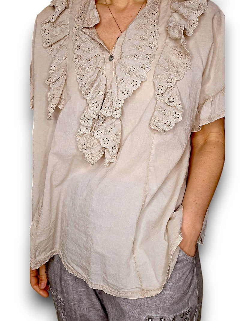Beige blouse with lace details worn by a person on a white background
Eyelet Top Pale Beige