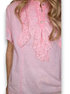 Pink blouse with lace details on a white background
Eyelet Top Bubblegum Pink