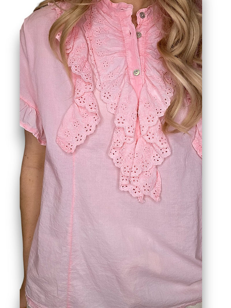 Pink blouse with lace details on a white background
Eyelet Top Bubblegum Pink