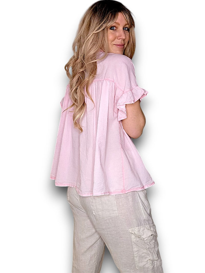 Woman wearing a light pink blouse and beige pants on a white background
Eyelet Top Bubblegum Pink