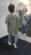 Person wearing a green textured tee and blue jeans standing in front of a mirror.