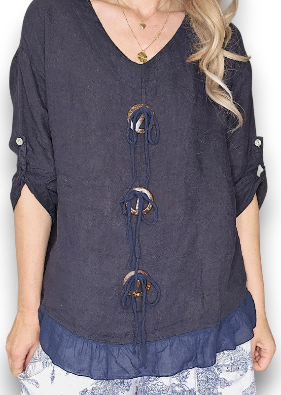 Trois Button Top Navy