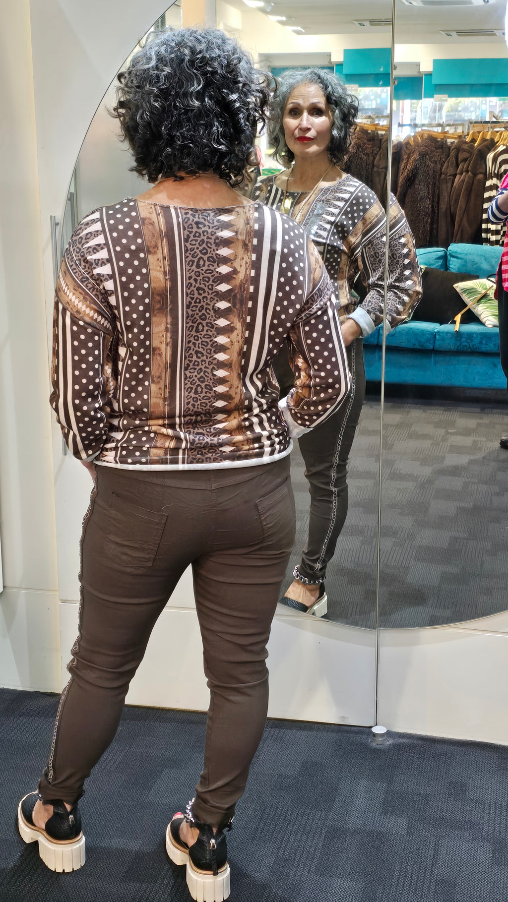Mixed Print Top Brown