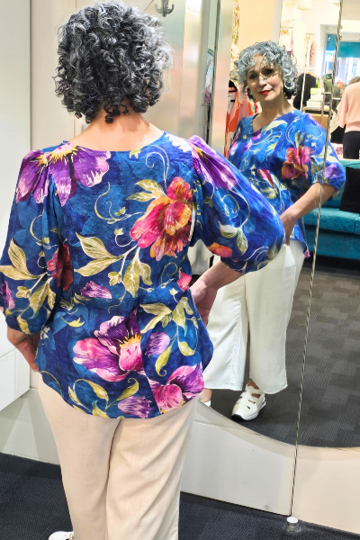 3/4 Sleeve V-neck Button Front Cobalt Floral