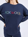 Navy sweatshirt with 'FOXWOOD' in multicolor on a white background
Simplified Confetti Crew Navy