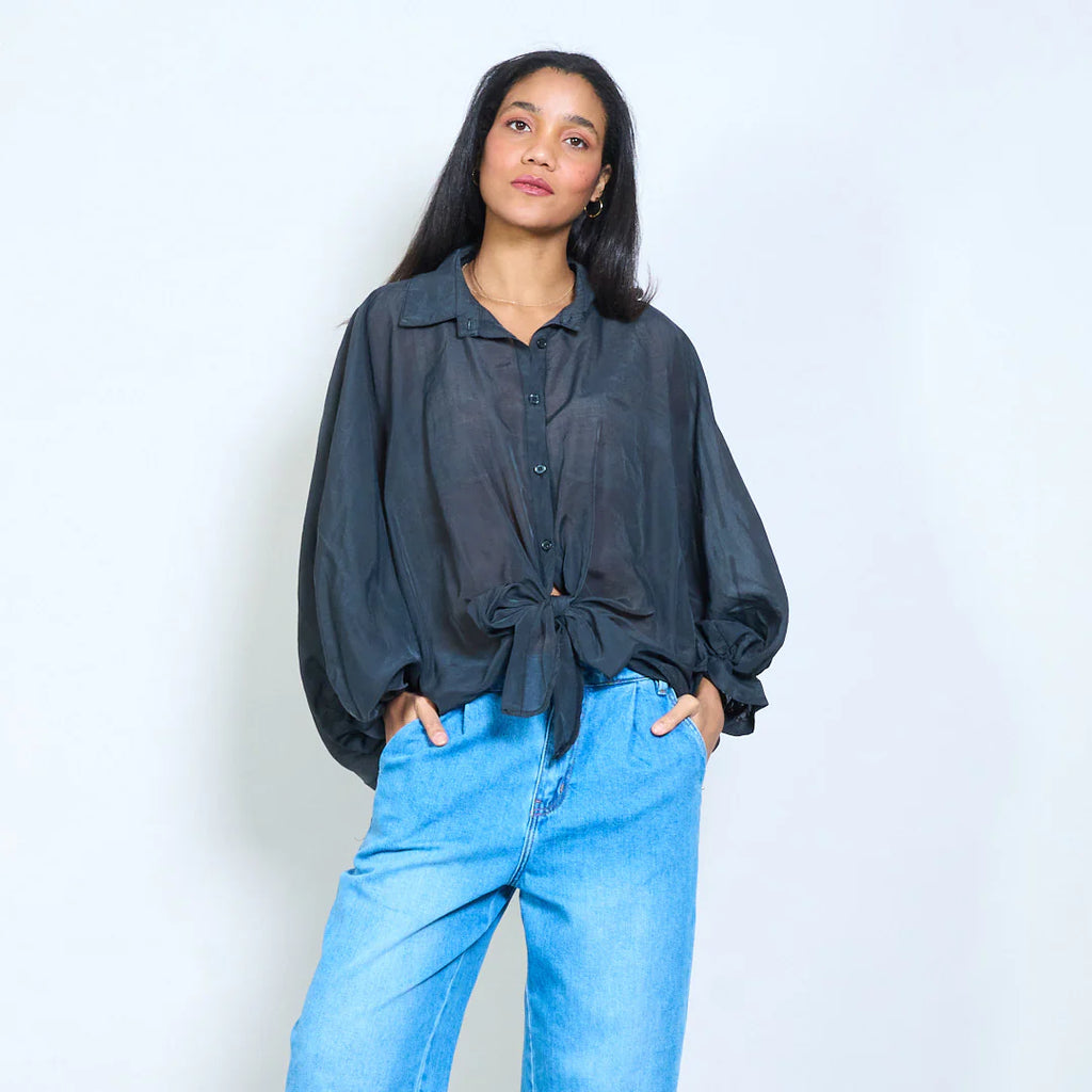 Batwing Tie Sheer Top Black