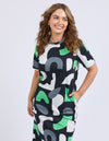 Woman wearing a patterned dress with abstract shapes on a plain background
Stijl Dress Charcoal