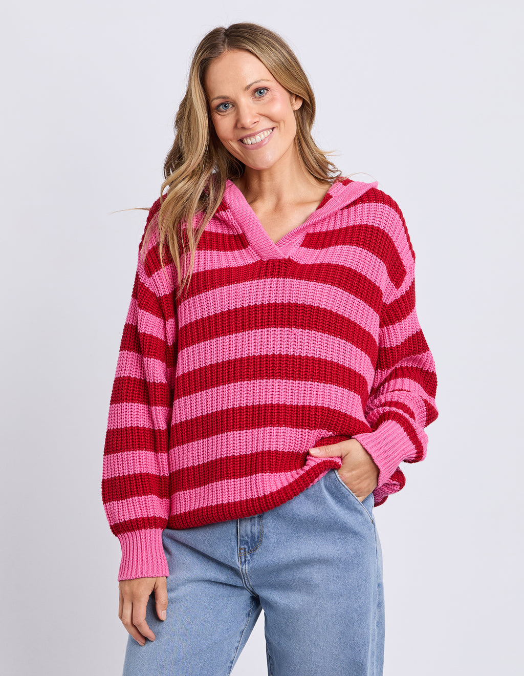 Stripe Hooded Knit Cranberry