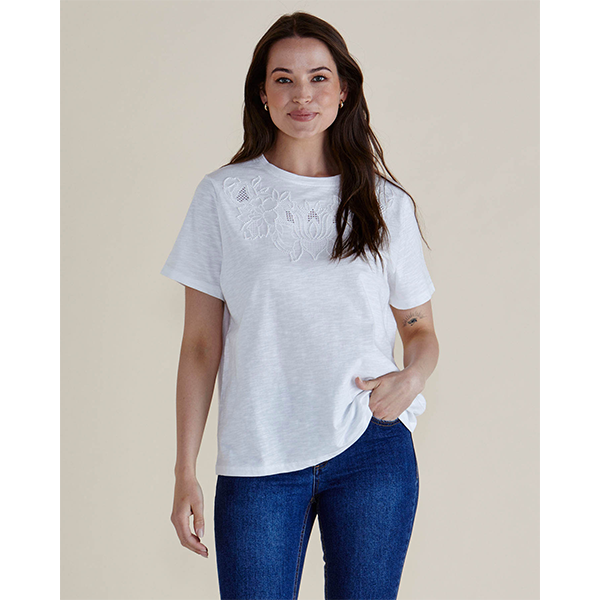 Woman wearing a white t-shirt with lace details and blue jeans on a beige background