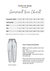Garment size chart for Azaera Pants with measurements and instructions on how to measure the garment.