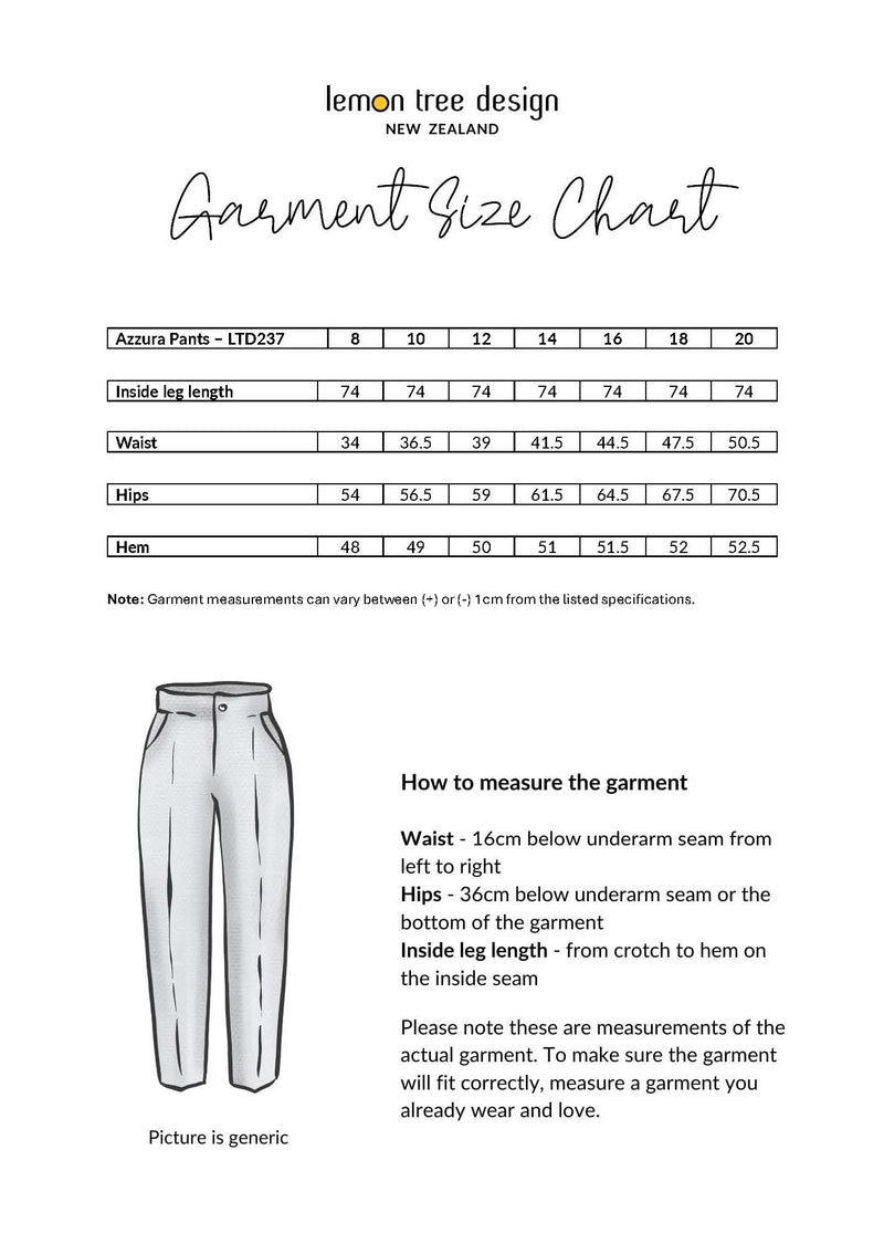 Garment size chart for Azaera Pants with measurements and instructions on how to measure the garment.