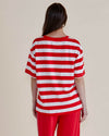 Person wearing a red and white striped shirt and red pants on a plain background