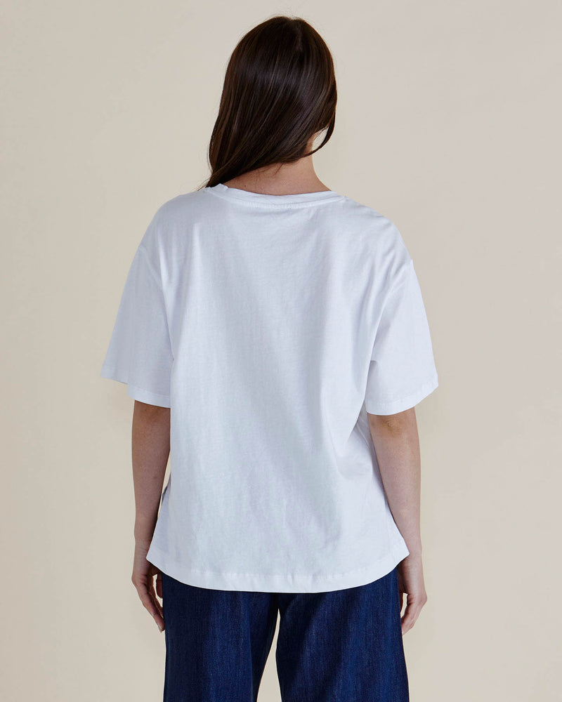 Person wearing a plain white t-shirt and dark pants on a beige background
Relax Boxy Tee White