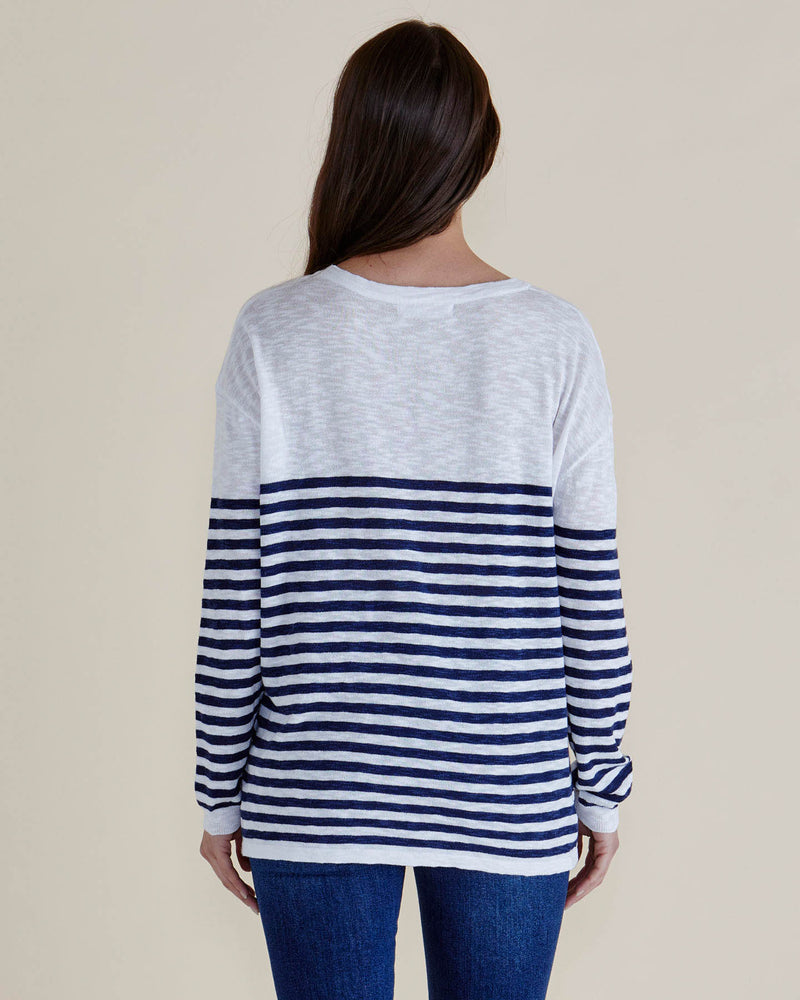 Person wearing a blue and white striped sweater on a beige background
Natasha Knit Top White/Navy