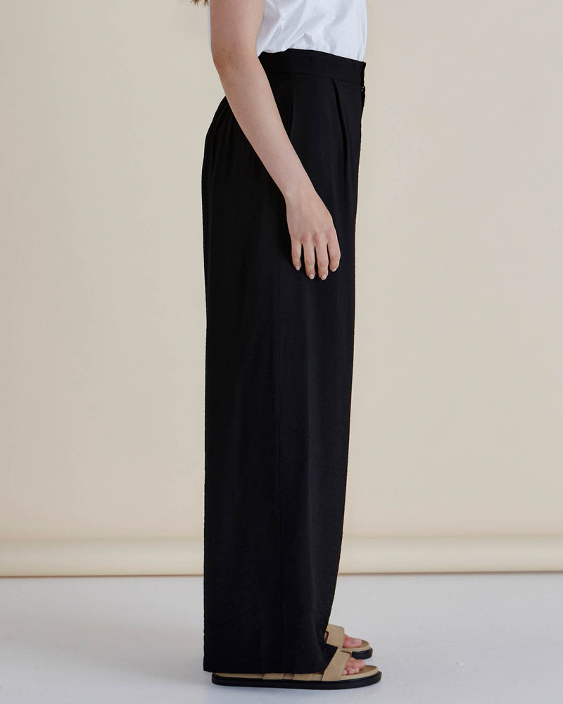 Person wearing black wide-leg pants and a white top on a beige background
Zander Pants Black