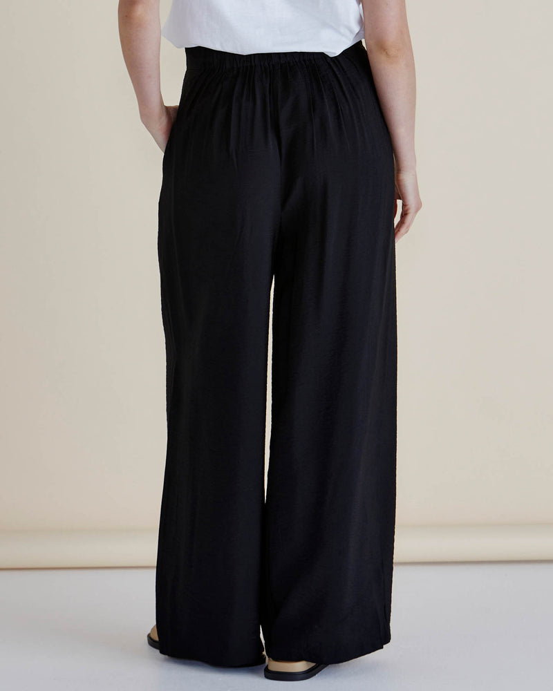 Person wearing black wide-leg pants and a white top on a beige background
Zander Pants Black