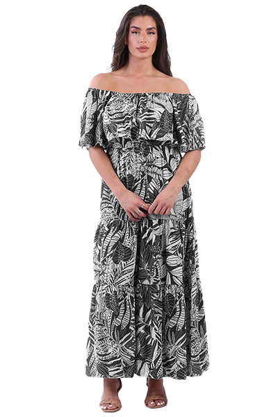 Woman wearing a black and white floral off-shoulder dress on a white background
Bardot Tropical Maxi Dress Black