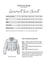 Garment size chart for a jacket with measurements and instructions on how to measure the garment, branded 'lemon tree design' from New Zealand.