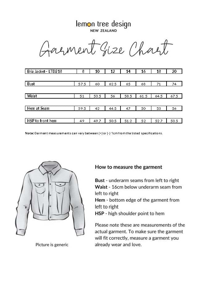 Garment size chart for a jacket with measurements and instructions on how to measure the garment, branded 'lemon tree design' from New Zealand.