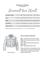 Garment size chart for a jacket with measurements and instructions on how to measure the garment, branded 'lemon tree design' from New Zealand.