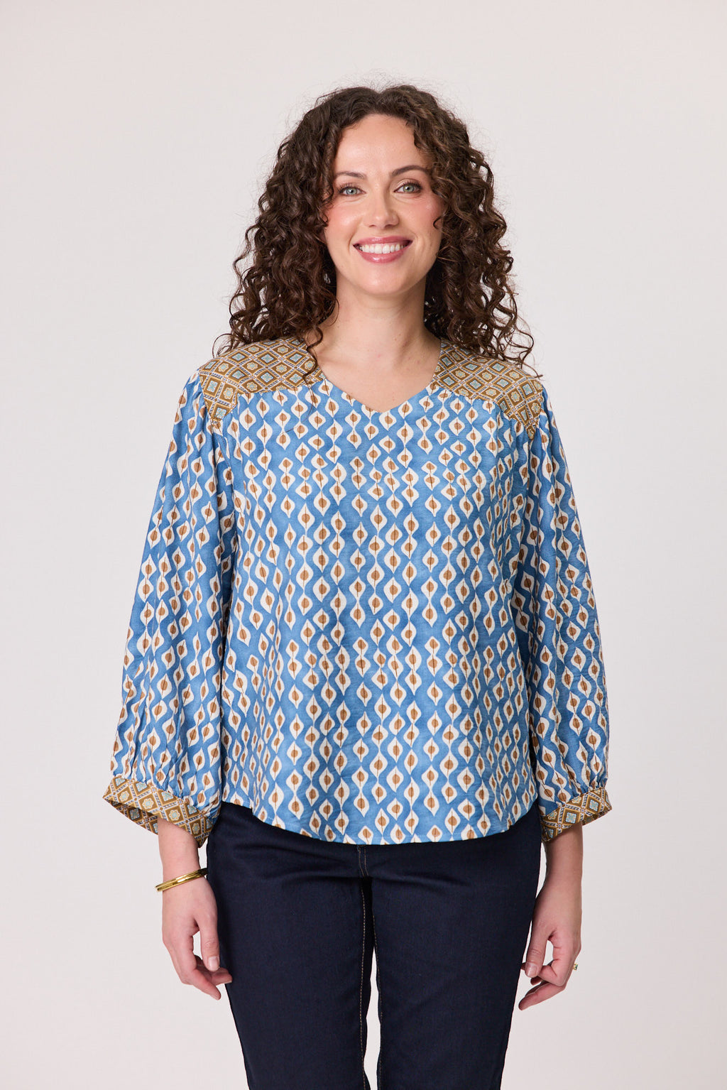 Albi Contrast V Neck Blouse Blue