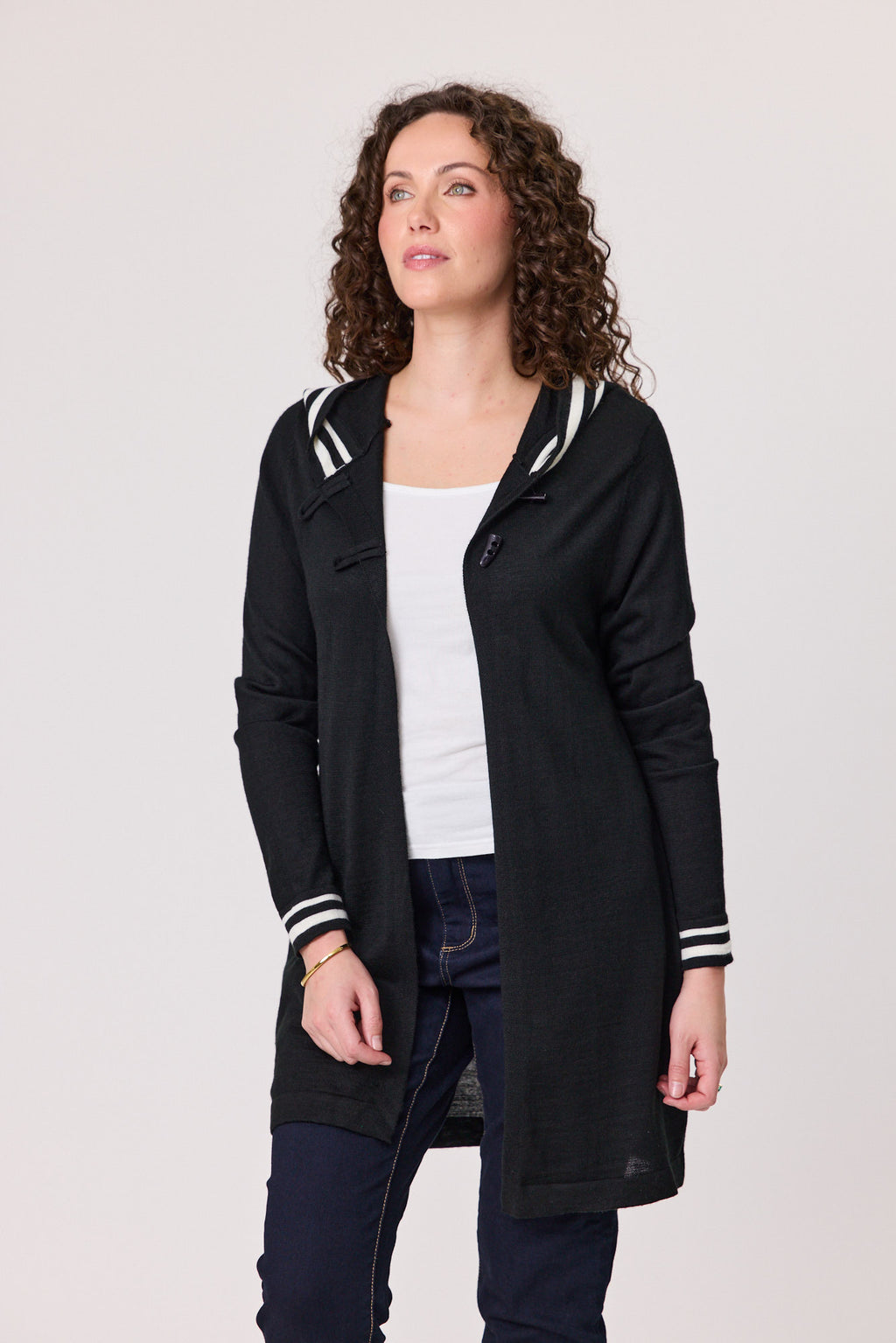Stripe Trim Hooded Cardi Black