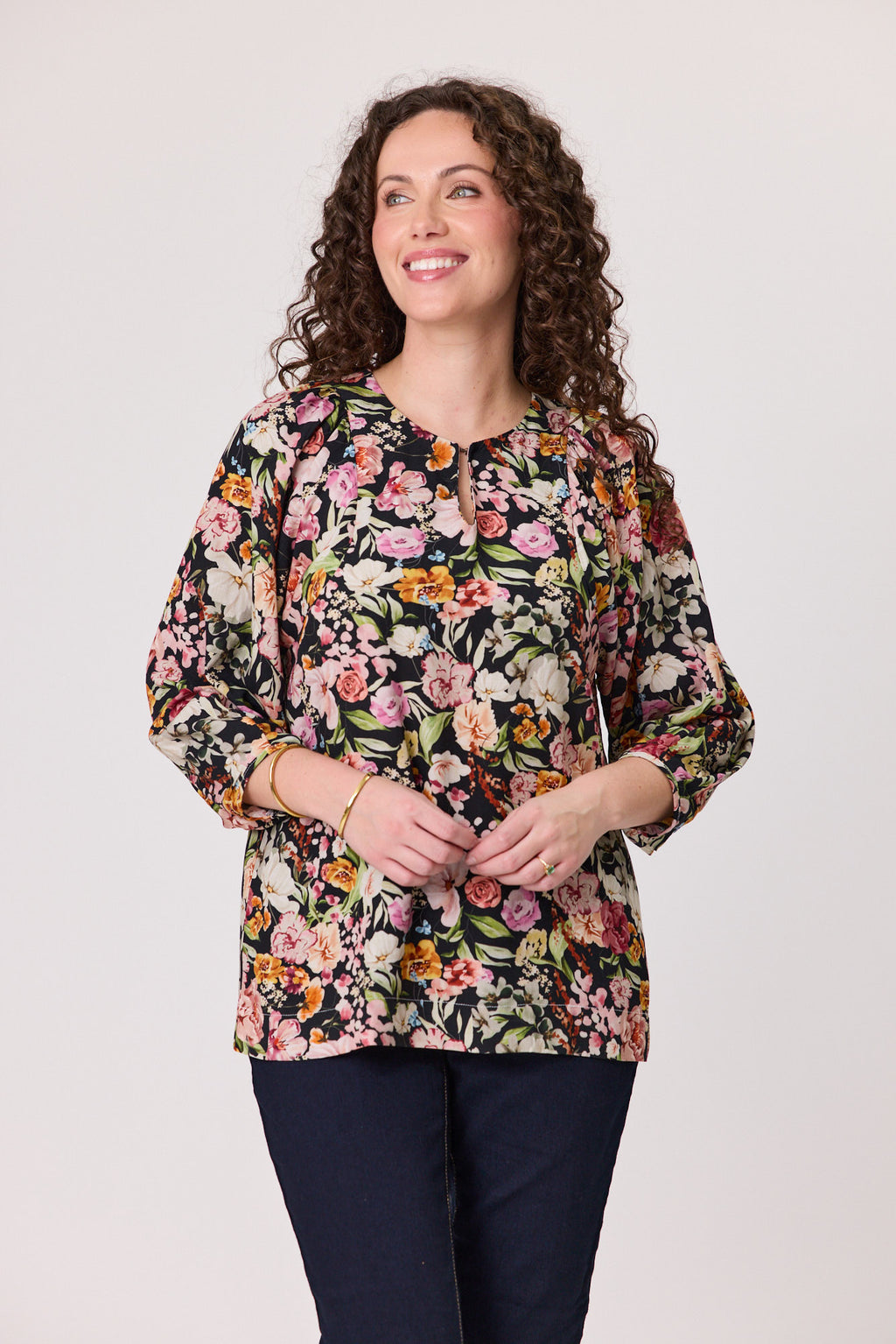 Toulon Pleated 3/4 Sleeve Blouse Black