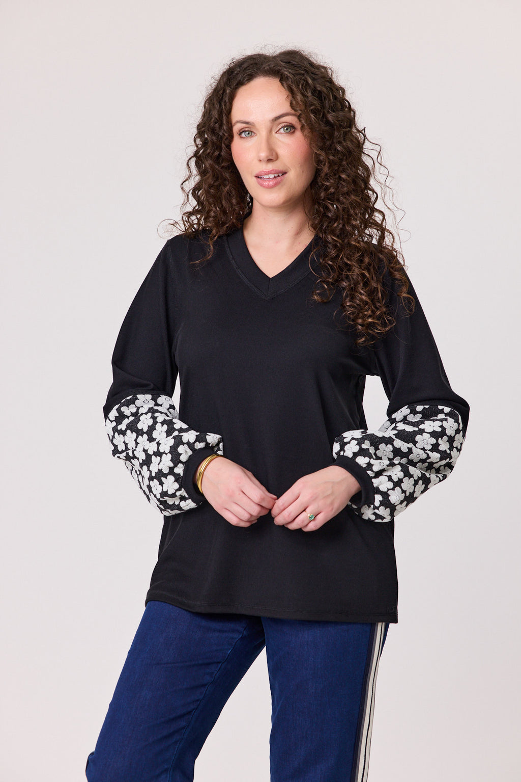 Daisy Print Sleeve Top Black/White