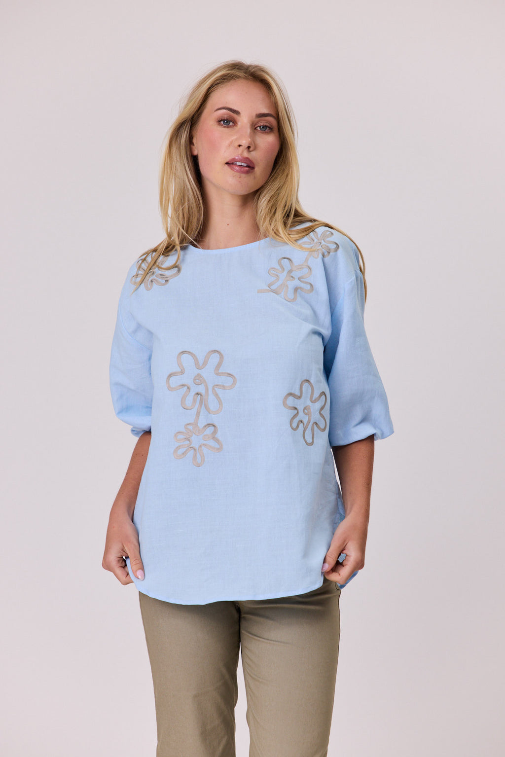 Printed Linen Top Pale Blue