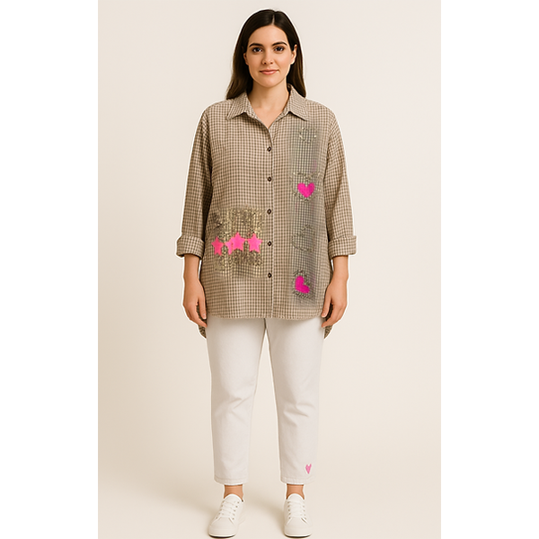 Check Print Sequin Heart Shirt Beige