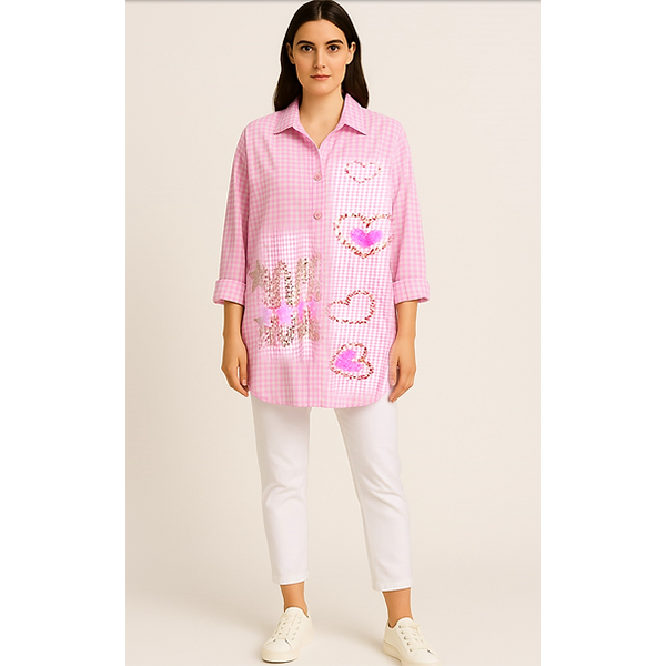 Check Sequin Heart Shirt Pink