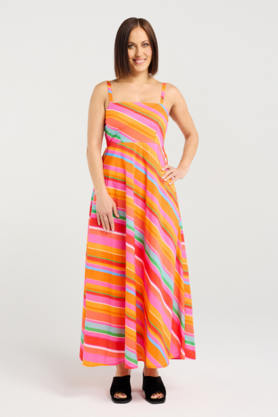 Woman wearing a colorful striped dress on a white background
Clementine Dress Dynamic Stripe