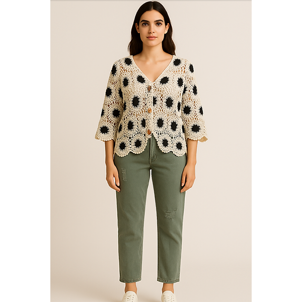 Crochet Knit Cardi Black/Beige