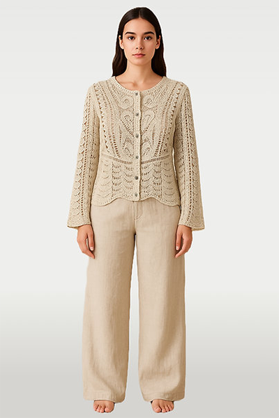 Crochet Lace Detail Button Cardi Beige