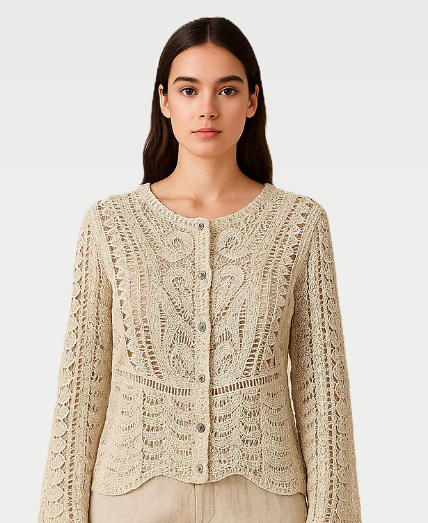 Crochet Lace Detail Button Cardi Beige
