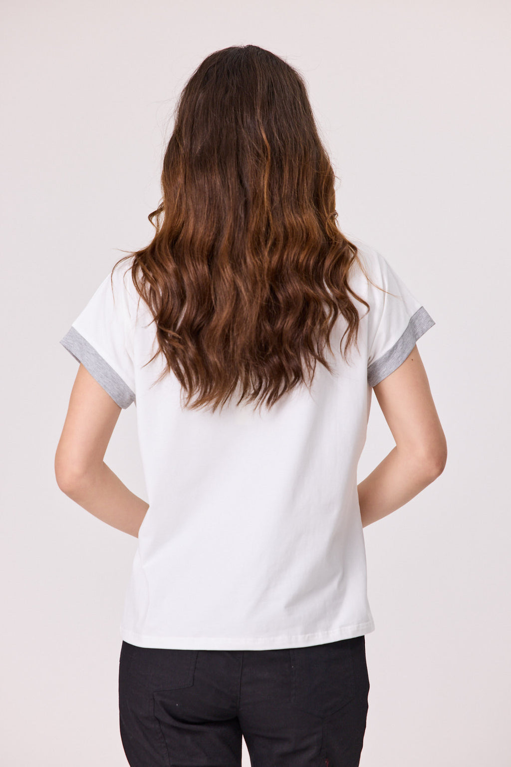 Person wearing a white t-shirt with gray trim on a plain background Good Life T-Shirt Ivory