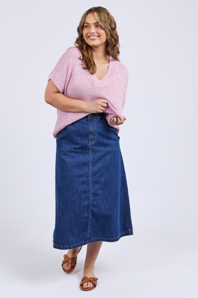Woman wearing a pink top and blue denim skirt on a white background
Elba Knit Top Dusk Pink