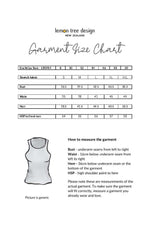 Garment size chart for lemon tree design with measurements and instructions on how to measure a garment.