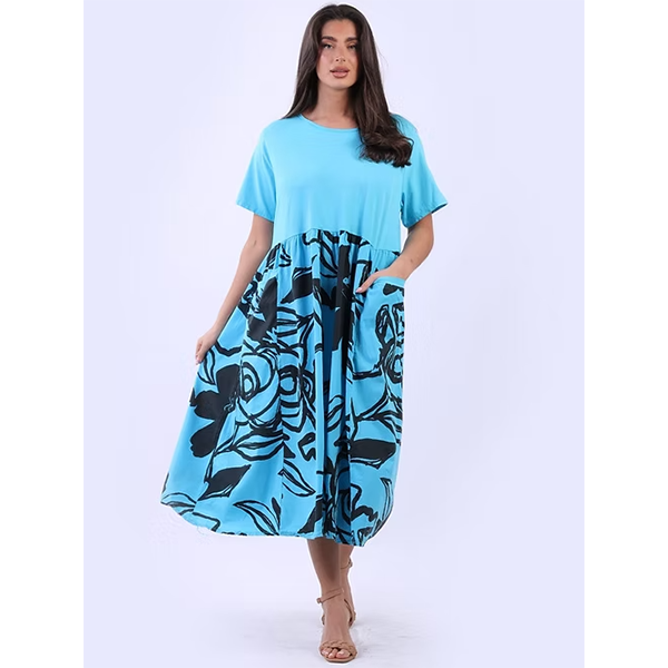 Floral Panel Cotton Dress Azure